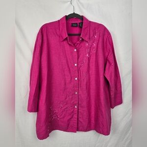 Laura Scott Woman Linen Barbie Pink Sequined Embroidered Boxy Top sz 20W